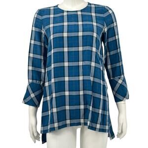 J Jill Top Womens XS Blue Atlantic Plaid Tunic Hi Lo Autumn Fall Country Western